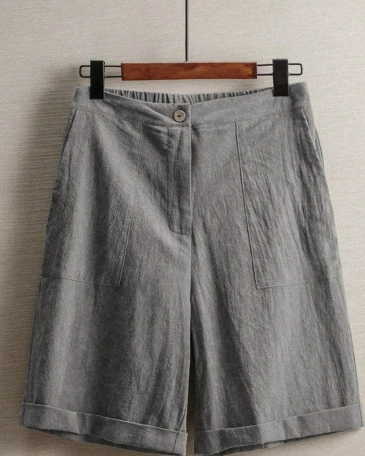 High Waist Cotton Linen Bermuda Shorts