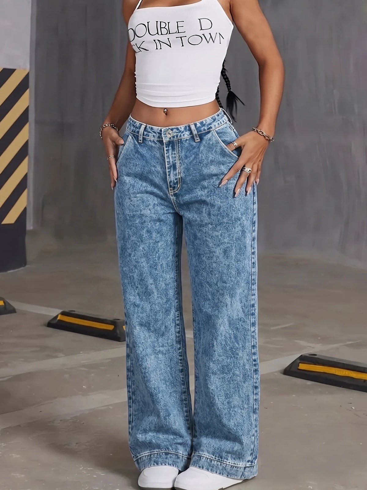 High Waist Wide Leg Jeans, Heart‑Shaped Back Pockets.