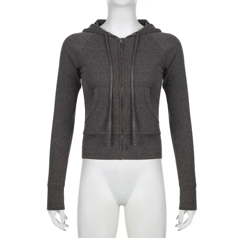Grunge 2000s Ribbed Hoodie Zip Up Hooded Sweatshirt