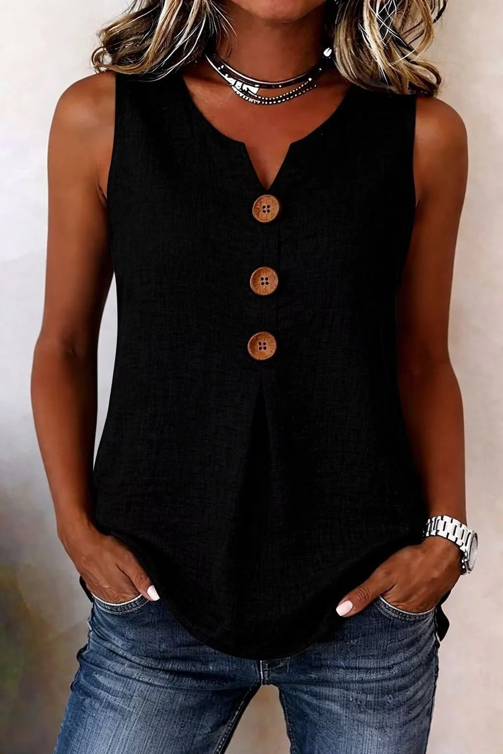 Blouse Fashion Button Cotton Linen Sleeveless Shirt