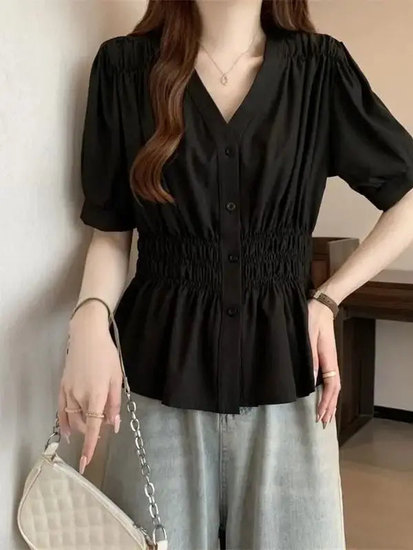 Elastic waist cinching and slimming summer shirt
