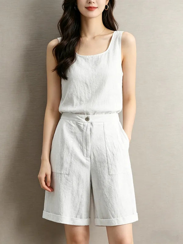 High Waist Cotton Linen Bermuda Shorts