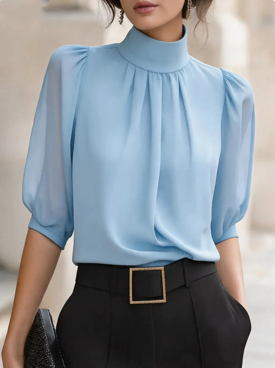 High Neck Puff Half Sleeve Chiffon Blouse