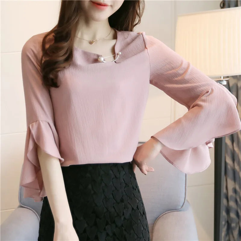 Ruffled Sleeved Loose Shirt Chiffon Blouse