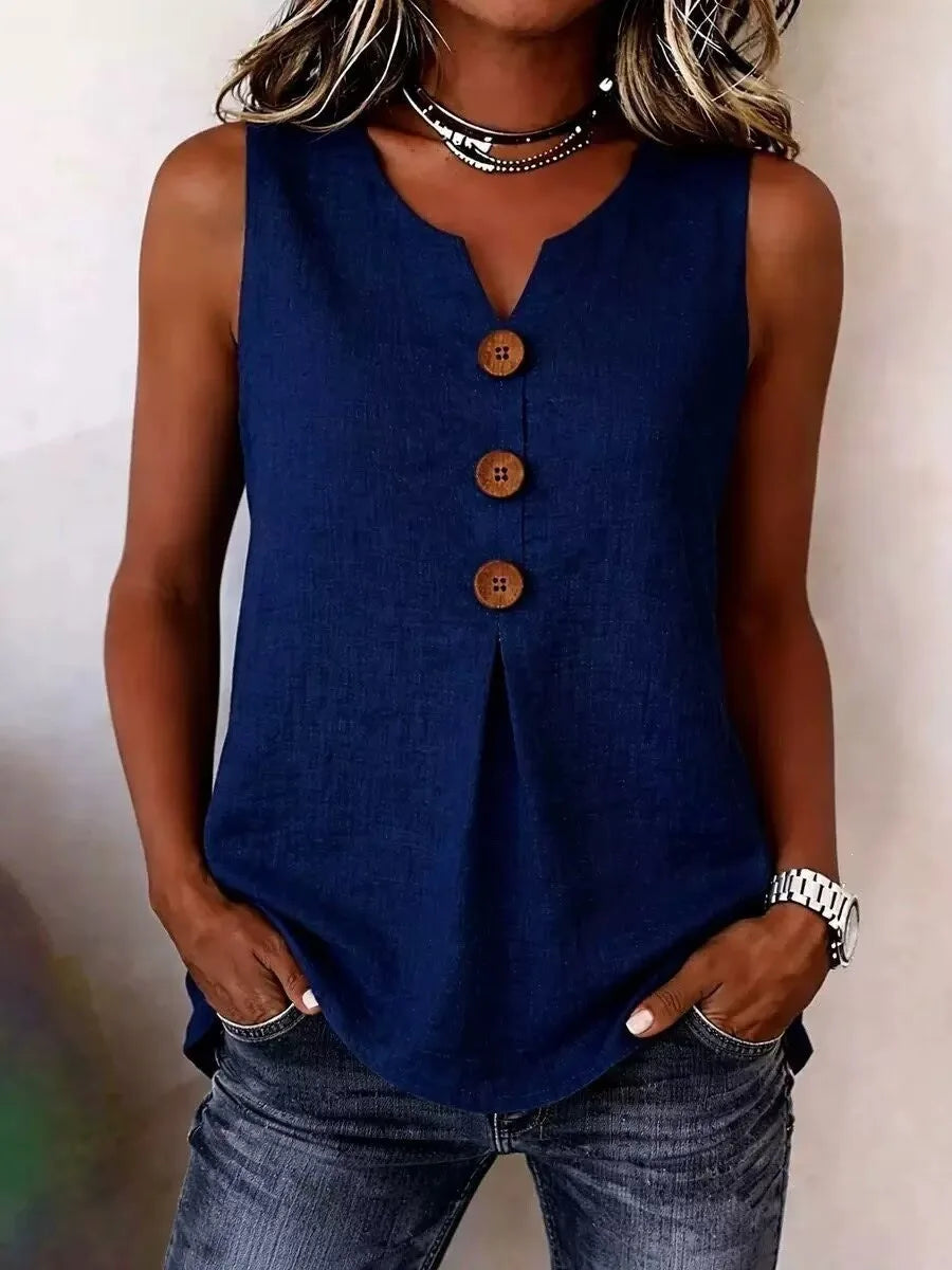 Blouse Fashion Button Cotton Linen Sleeveless Shirt