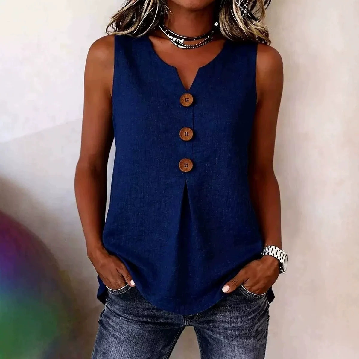 Blouse Fashion Button Cotton Linen Sleeveless Shirt