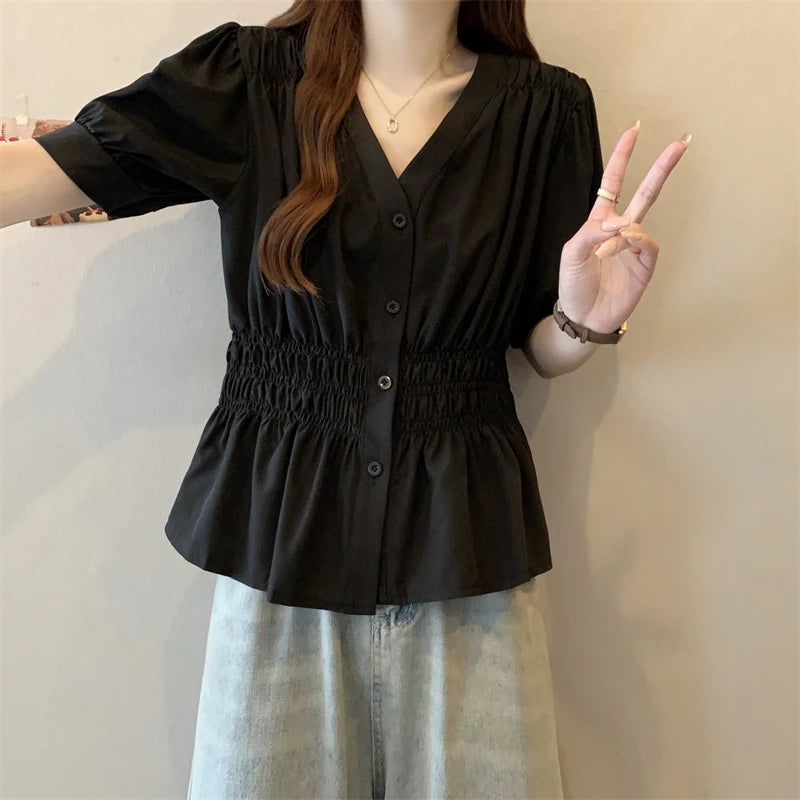 Elastic waist cinching and slimming summer shirt
