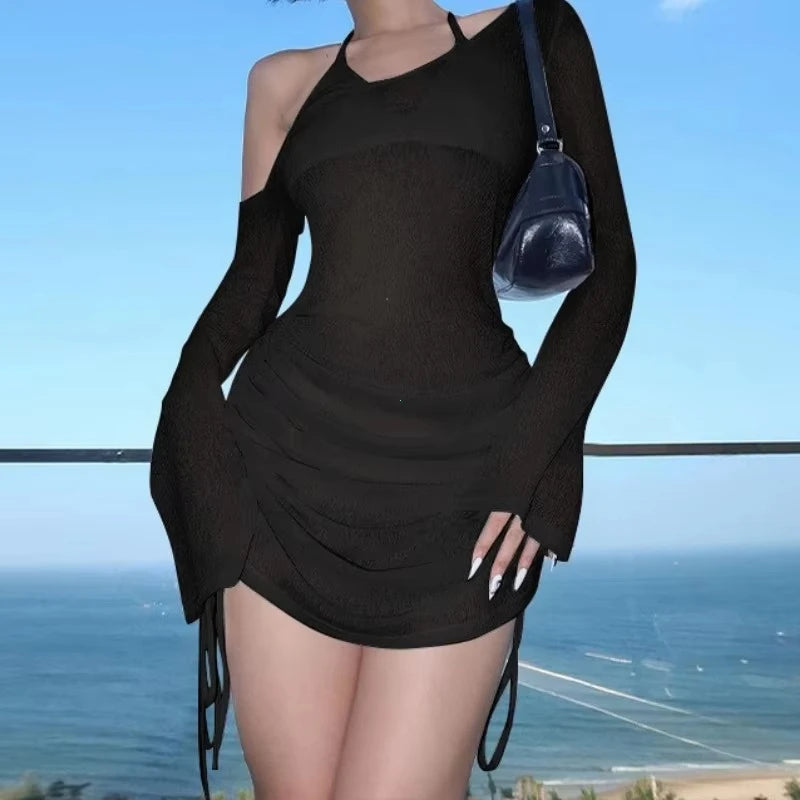 Solid Skew Collar Ruched Straps Lace-Up See Through Dress