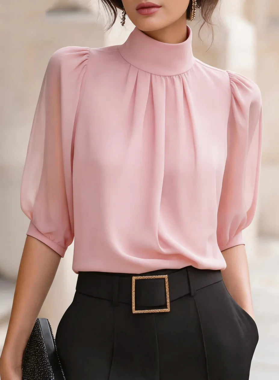 High Neck Puff Half Sleeve Chiffon Blouse