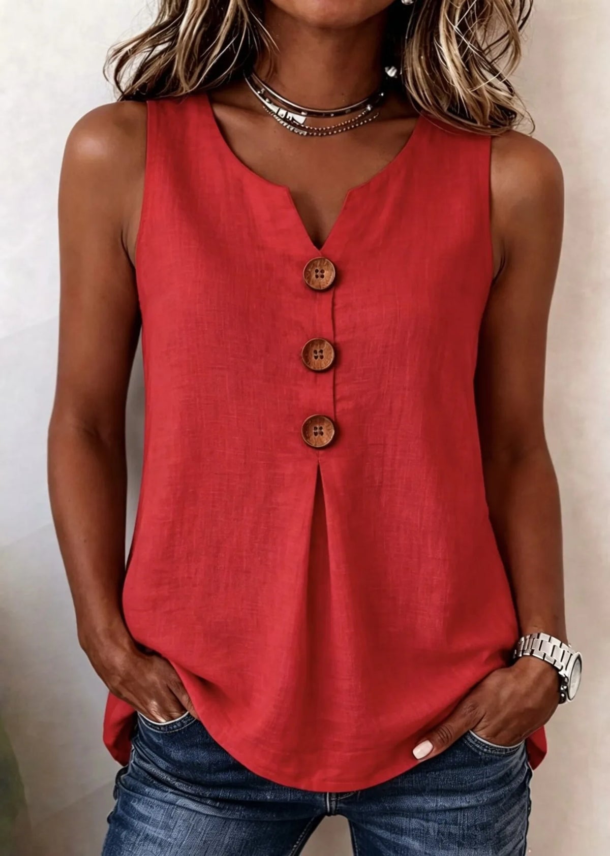 Blouse Fashion Button Cotton Linen Sleeveless Shirt