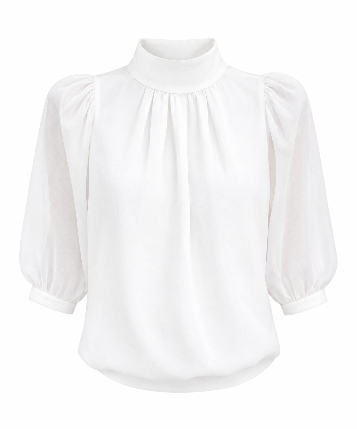 High Neck Puff Half Sleeve Chiffon Blouse