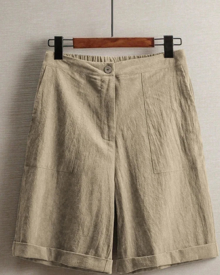 High Waist Cotton Linen Bermuda Shorts