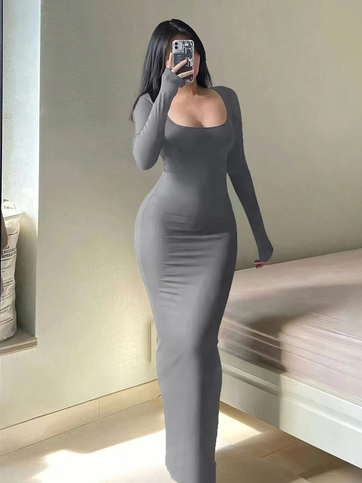 Solid Long Sleeve Bodycon Dress