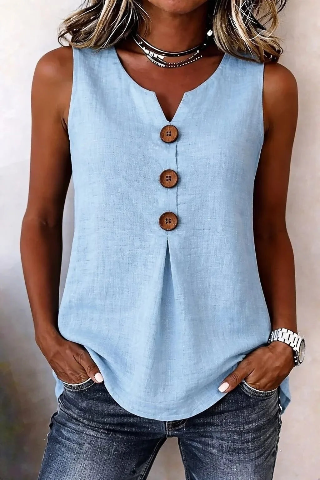 Blouse Fashion Button Cotton Linen Sleeveless Shirt
