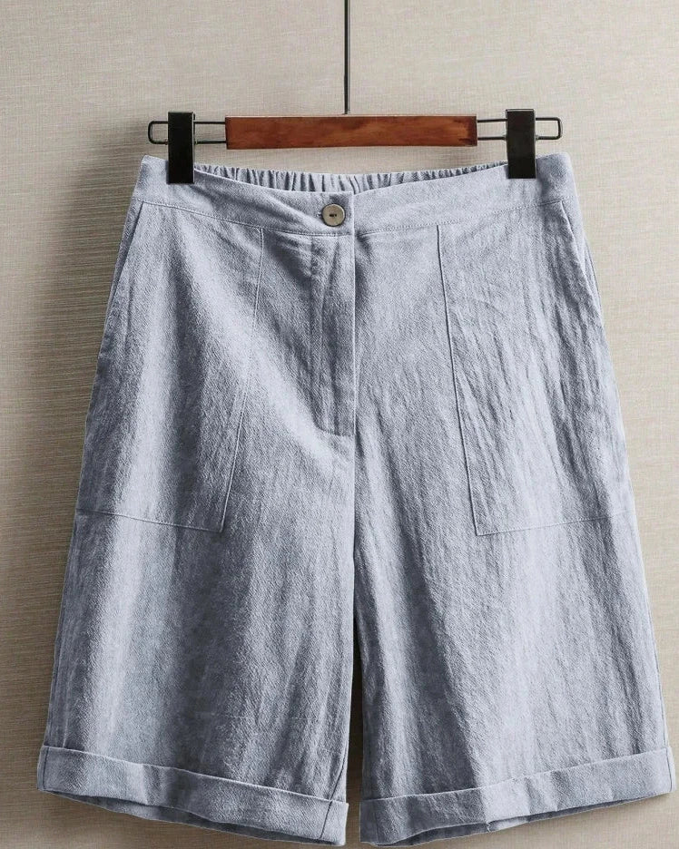 High Waist Cotton Linen Bermuda Shorts