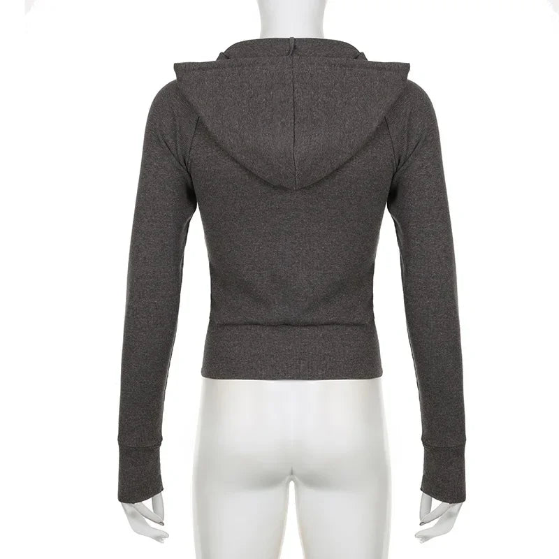 Grunge 2000s Ribbed Hoodie Zip Up Hooded Sweatshirt