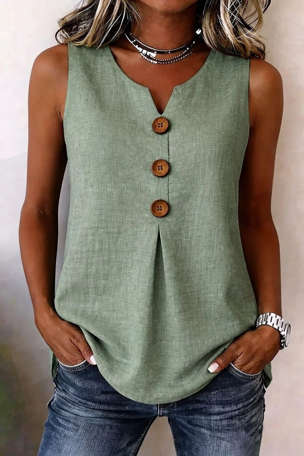 Blouse Fashion Button Cotton Linen Sleeveless Shirt