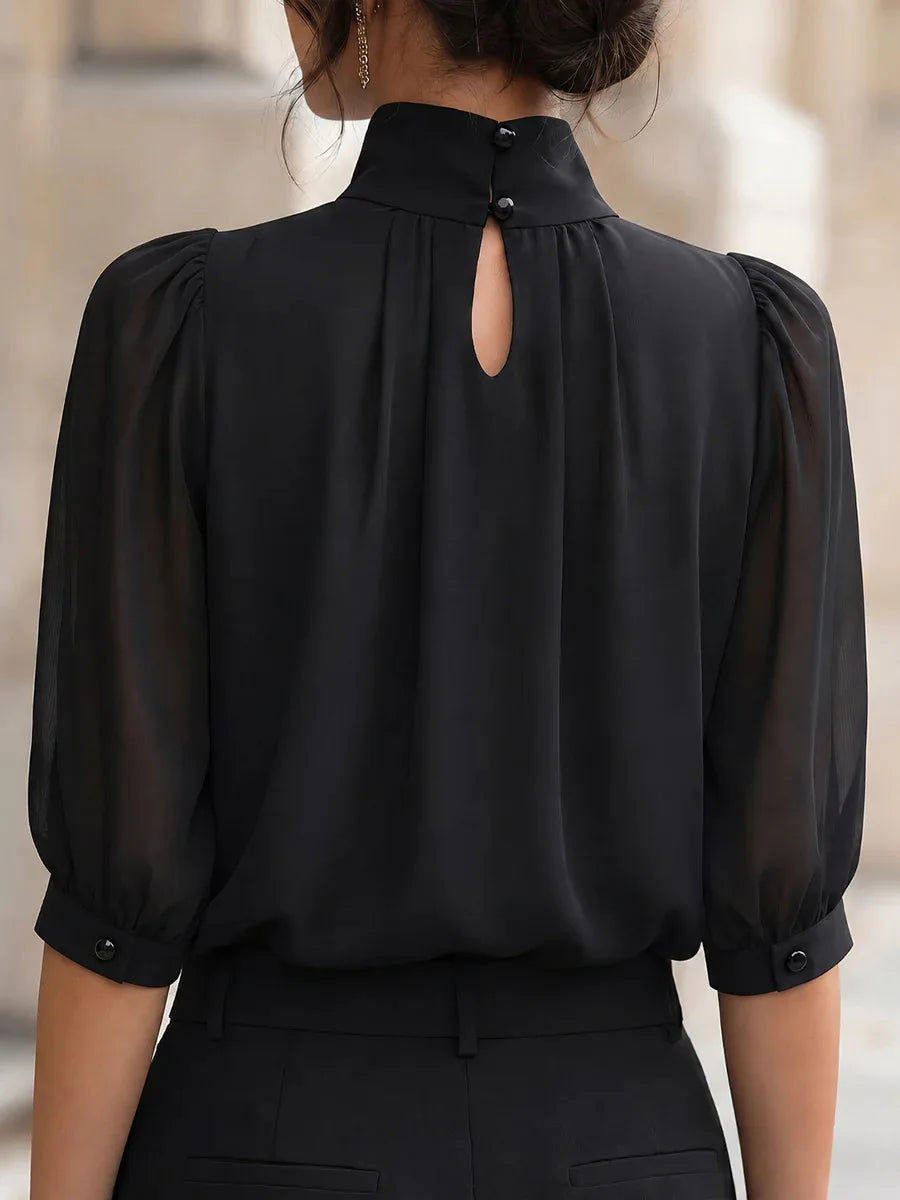 High Neck Puff Half Sleeve Chiffon Blouse