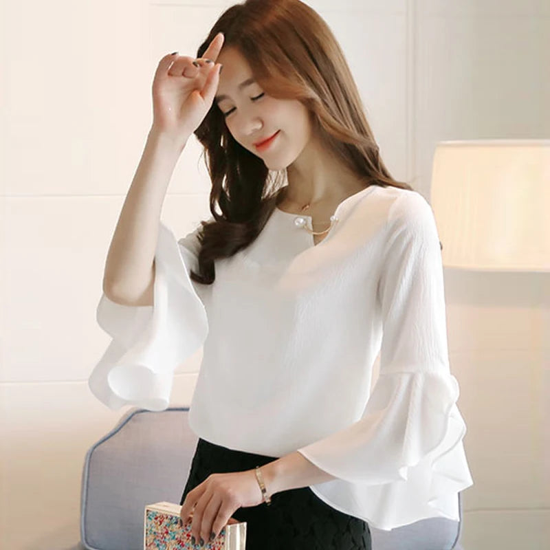 Ruffled Sleeved Loose Shirt Chiffon Blouse