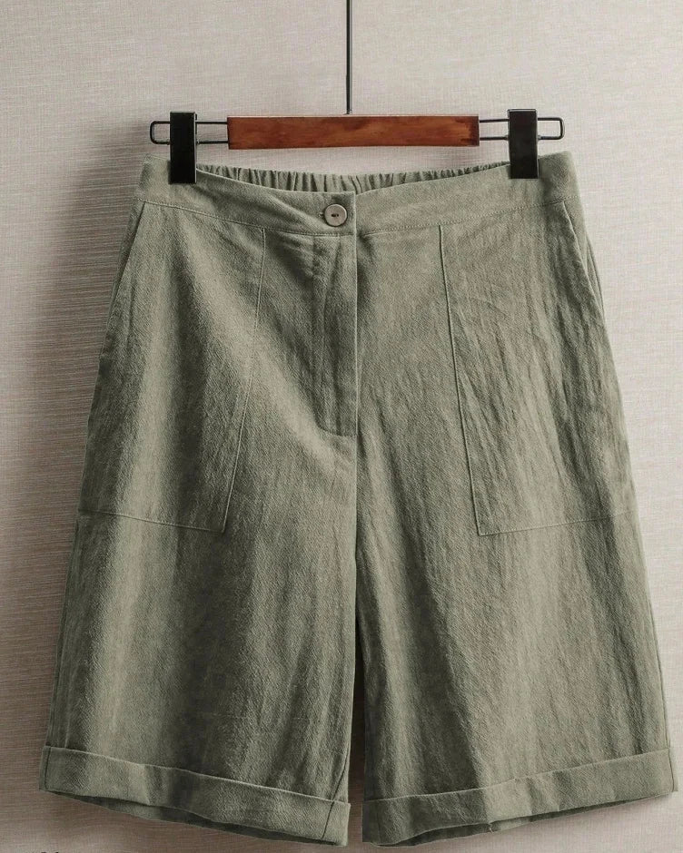 High Waist Cotton Linen Bermuda Shorts