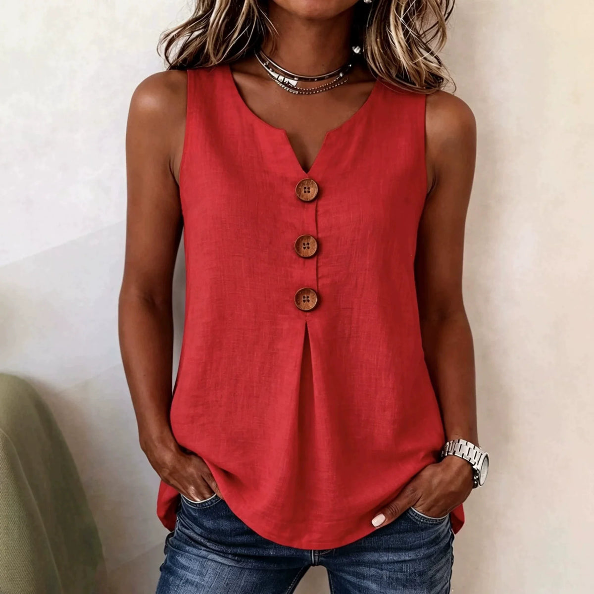 Blouse Fashion Button Cotton Linen Sleeveless Shirt