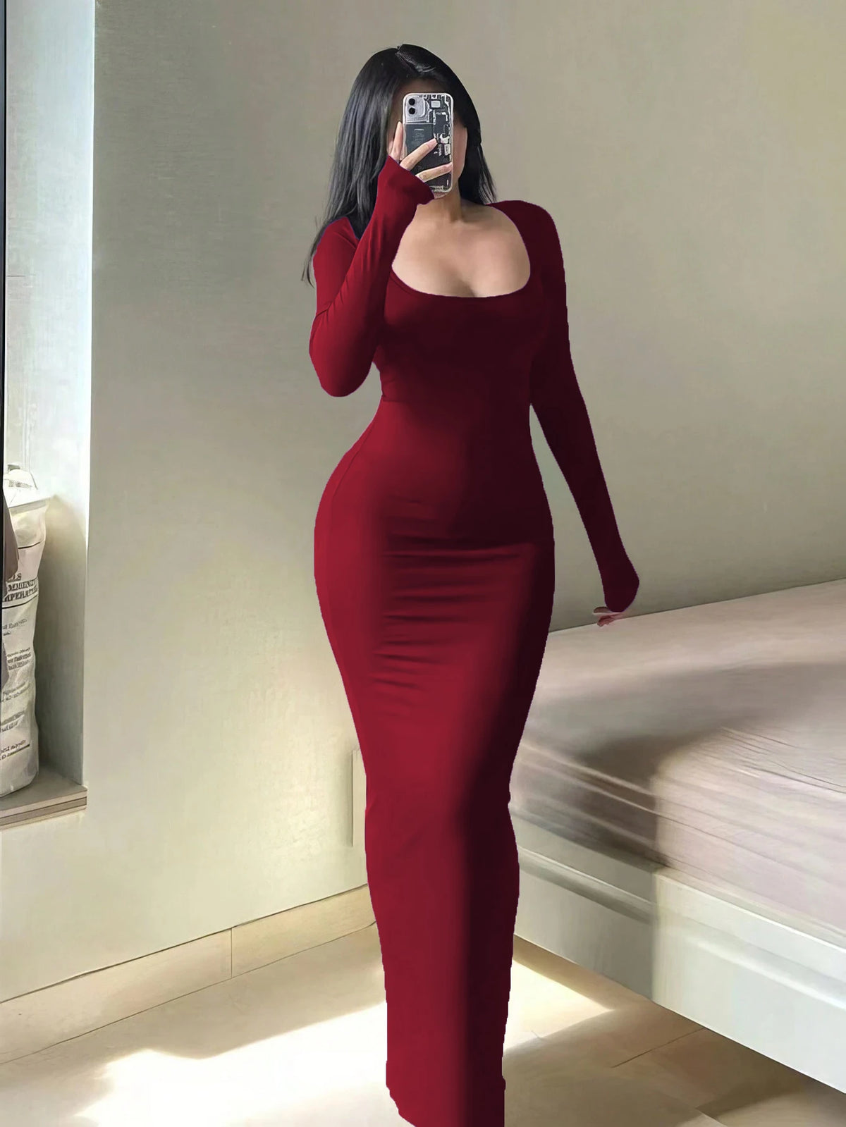 Solid Long Sleeve Bodycon Dress