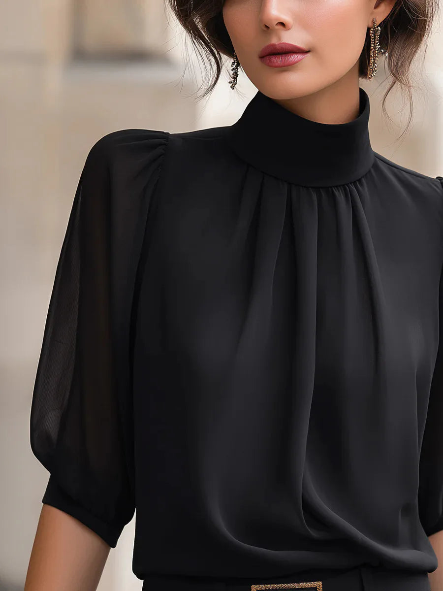 High Neck Puff Half Sleeve Chiffon Blouse