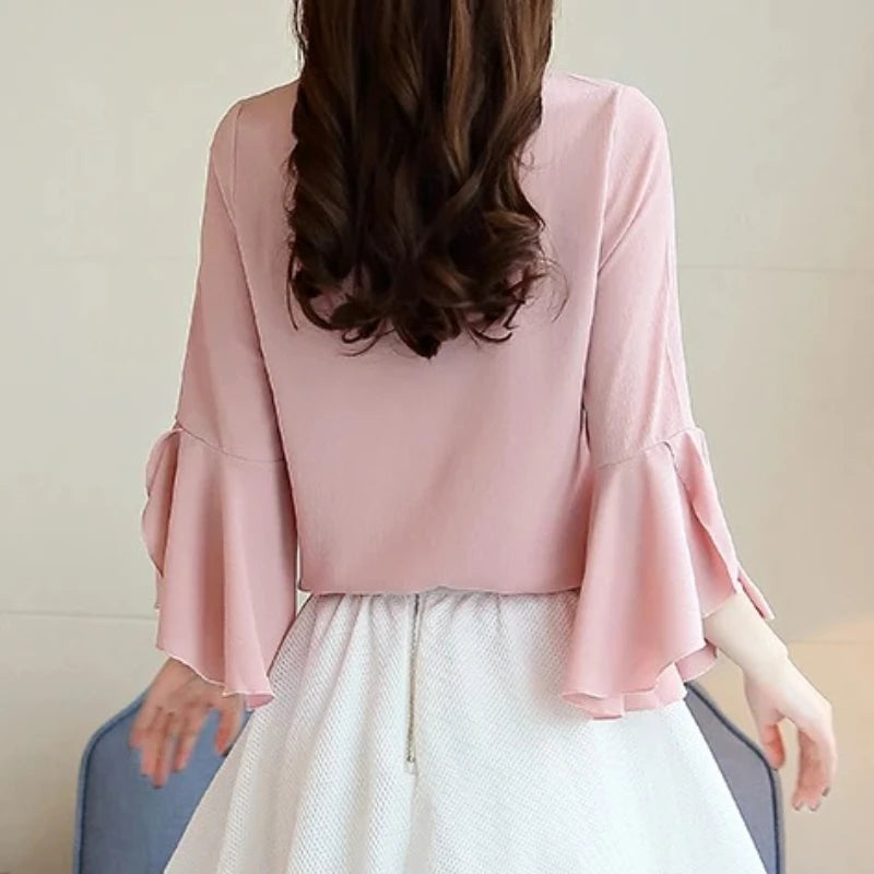 Ruffled Sleeved Loose Shirt Chiffon Blouse