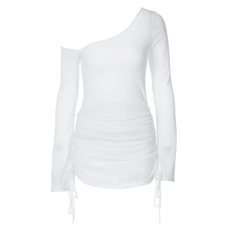 Solid Skew Collar Ruched Straps Lace-Up See Through Dress